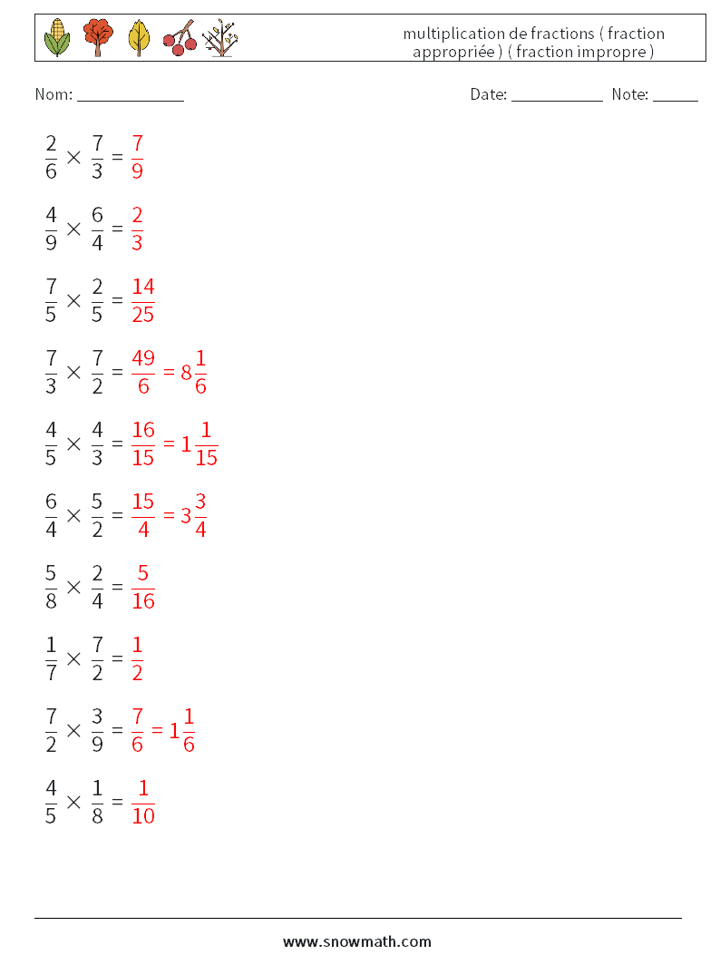 (10) multiplication de fractions ( fraction appropriée ) ( fraction impropre ) Fiches d'Exercices de Mathématiques 7 Question, Réponse