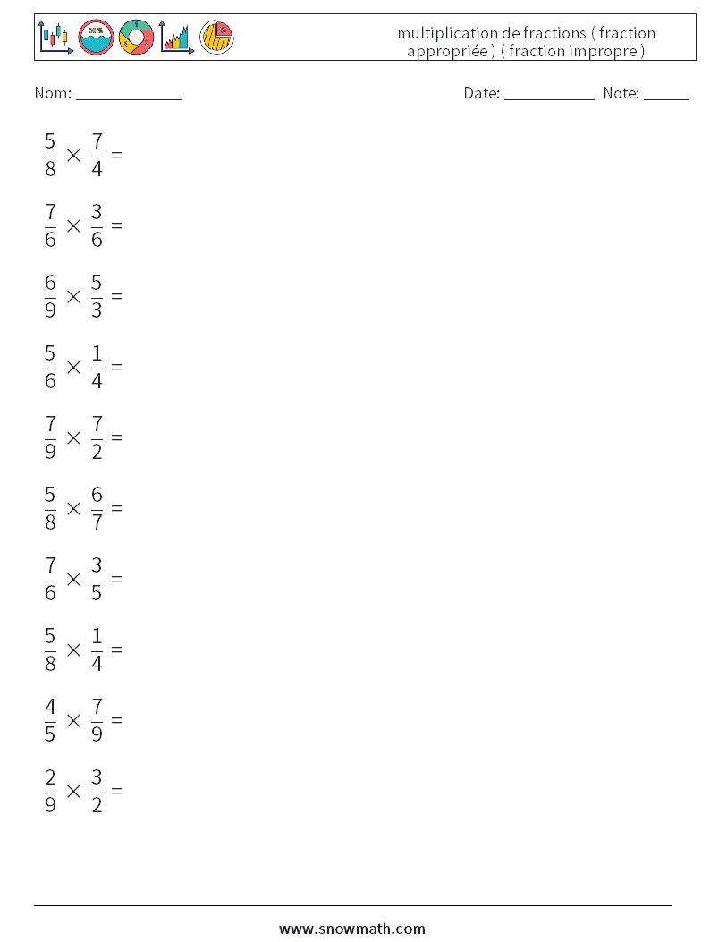 (10) multiplication de fractions ( fraction appropriée ) ( fraction impropre ) Fiches d'Exercices de Mathématiques 8