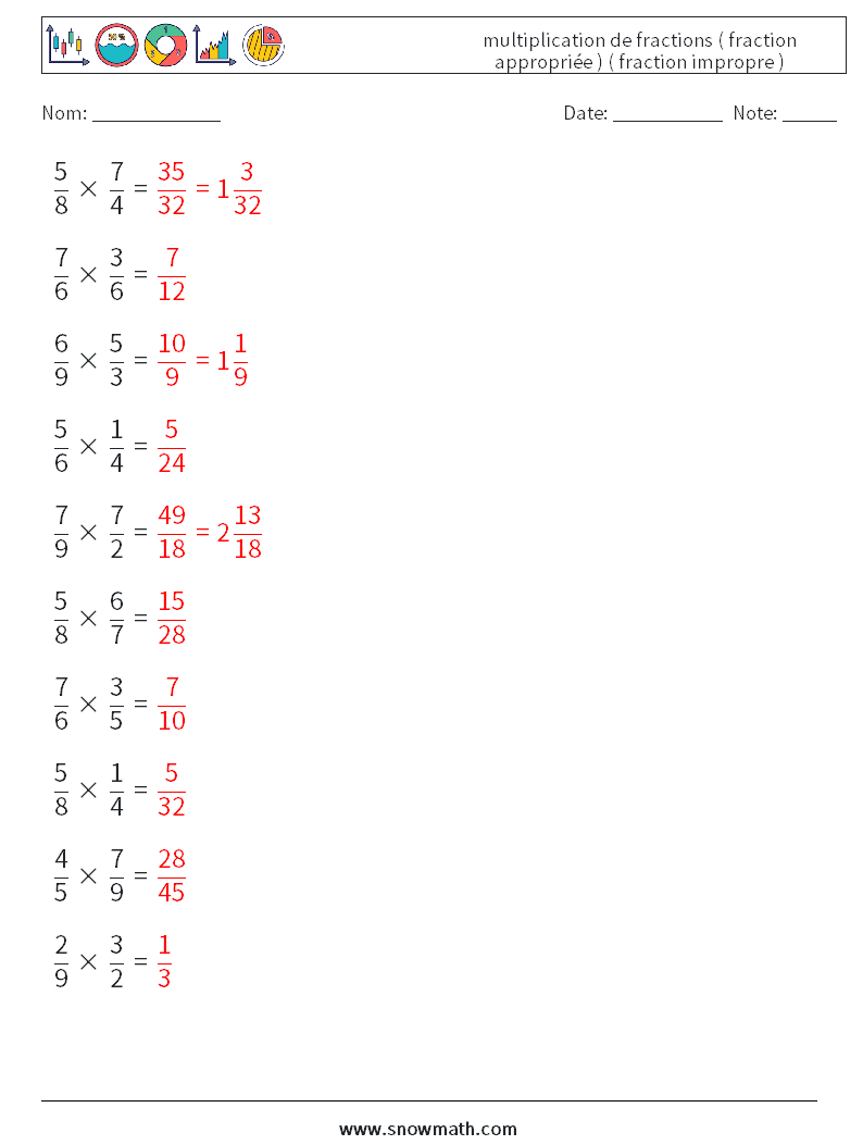 (10) multiplication de fractions ( fraction appropriée ) ( fraction impropre ) Fiches d'Exercices de Mathématiques 8 Question, Réponse