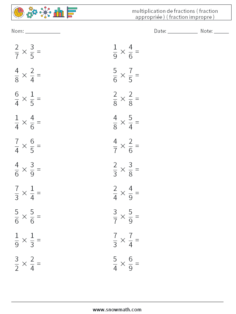 (20) multiplication de fractions ( fraction appropriée ) ( fraction impropre ) Fiches d'Exercices de Mathématiques 1