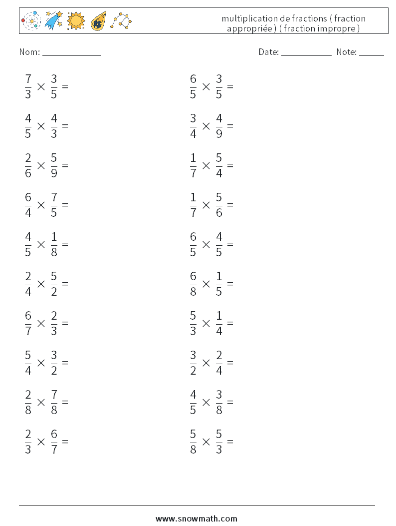 (20) multiplication de fractions ( fraction appropriée ) ( fraction impropre ) Fiches d'Exercices de Mathématiques 13