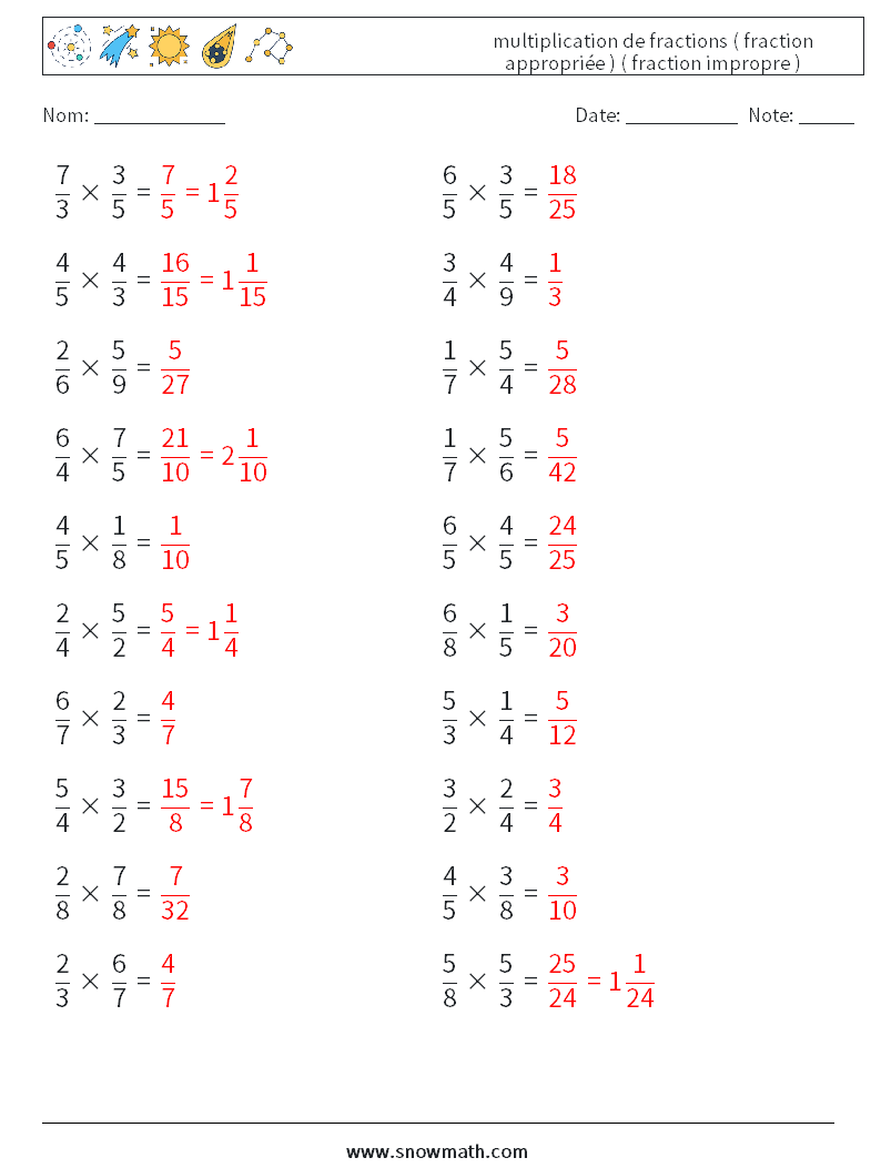 (20) multiplication de fractions ( fraction appropriée ) ( fraction impropre ) Fiches d'Exercices de Mathématiques 13 Question, Réponse