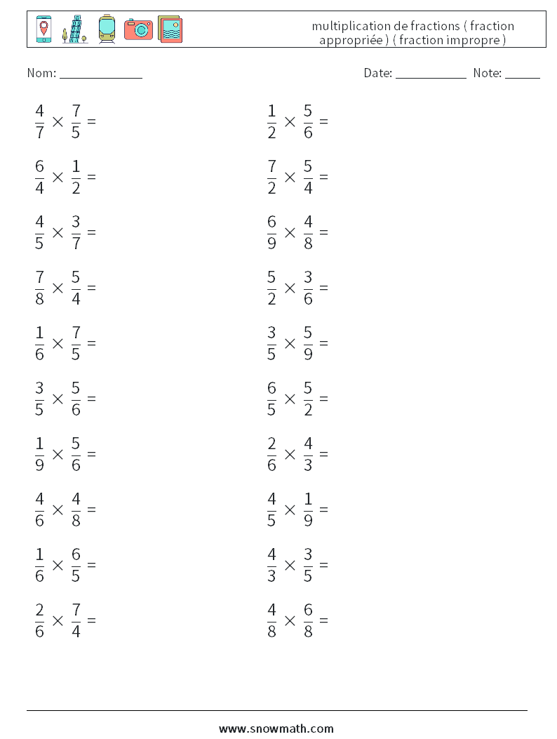 (20) multiplication de fractions ( fraction appropriée ) ( fraction impropre ) Fiches d'Exercices de Mathématiques 3