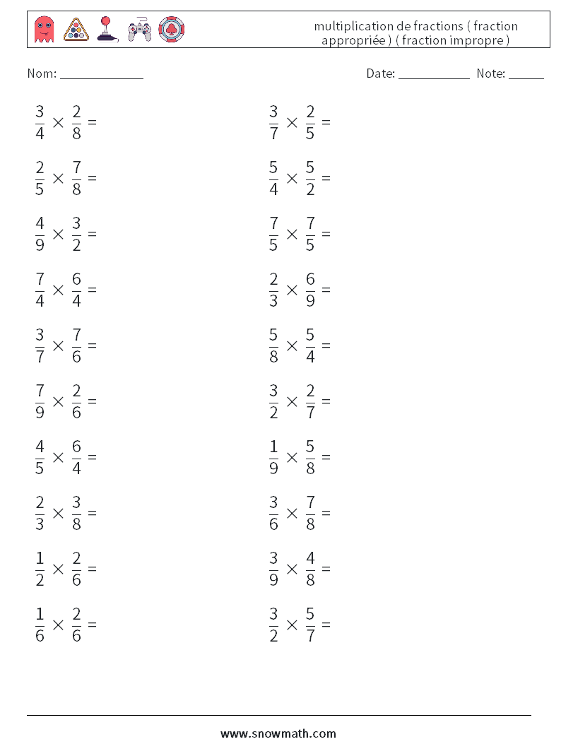 (20) multiplication de fractions ( fraction appropriée ) ( fraction impropre ) Fiches d'Exercices de Mathématiques 5