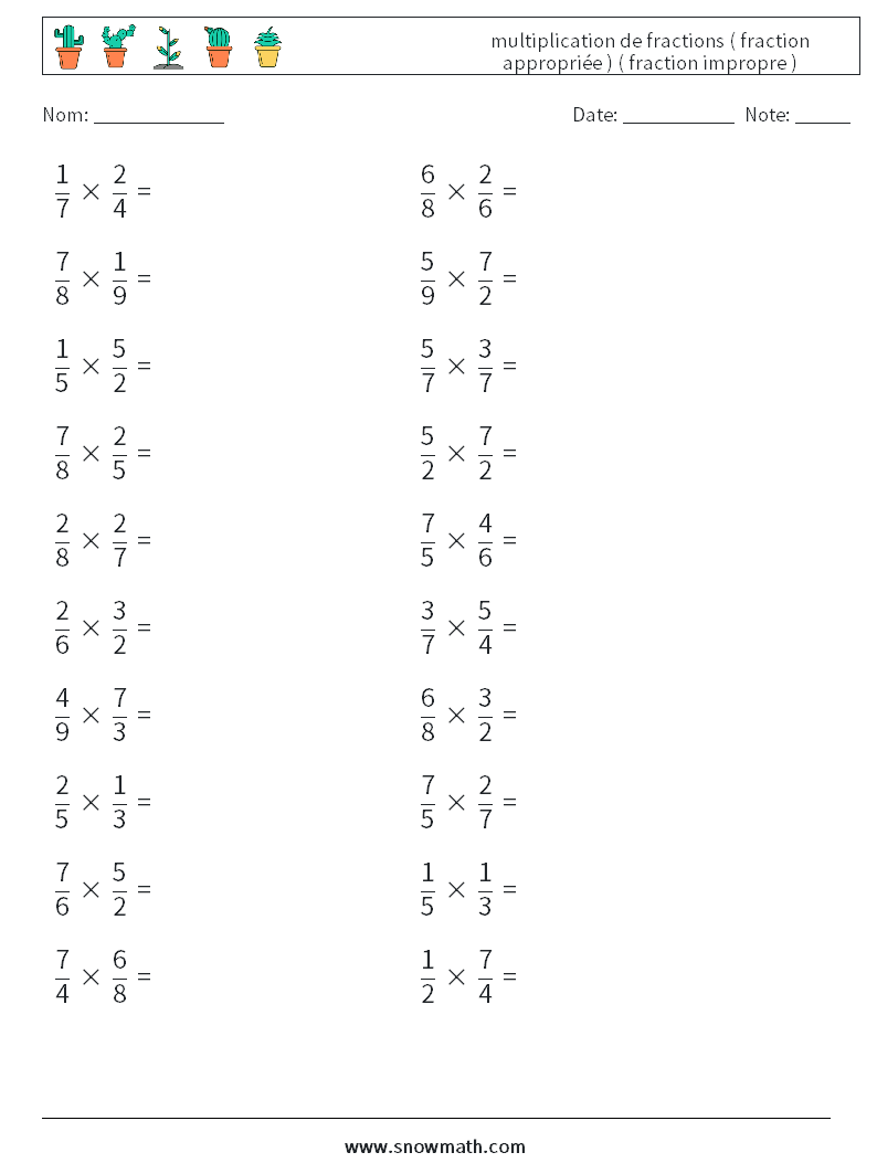 (20) multiplication de fractions ( fraction appropriée ) ( fraction impropre ) Fiches d'Exercices de Mathématiques 6