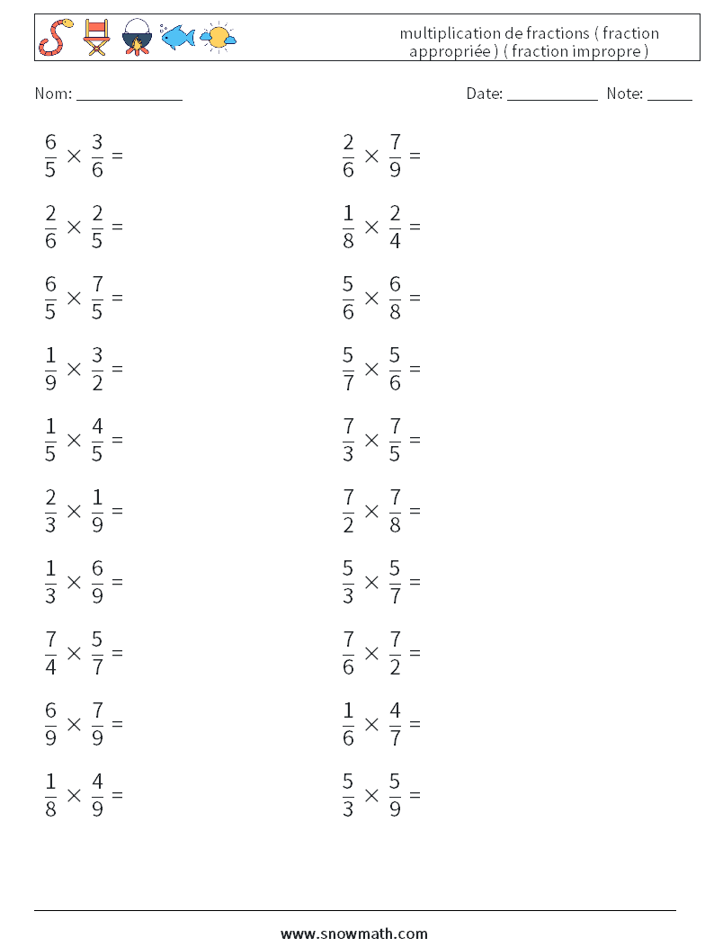 (20) multiplication de fractions ( fraction appropriée ) ( fraction impropre ) Fiches d'Exercices de Mathématiques 9