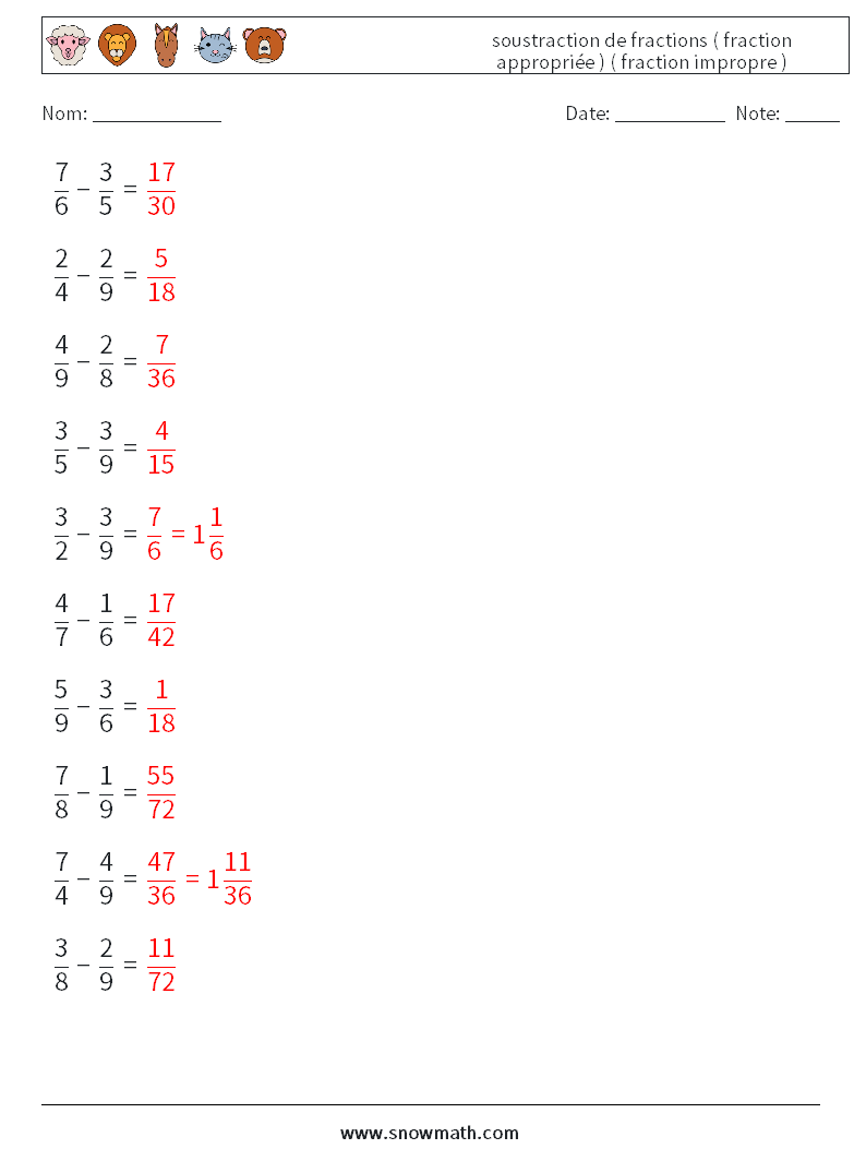 (10) soustraction de fractions ( fraction appropriée ) ( fraction impropre ) Fiches d'Exercices de Mathématiques 10 Question, Réponse