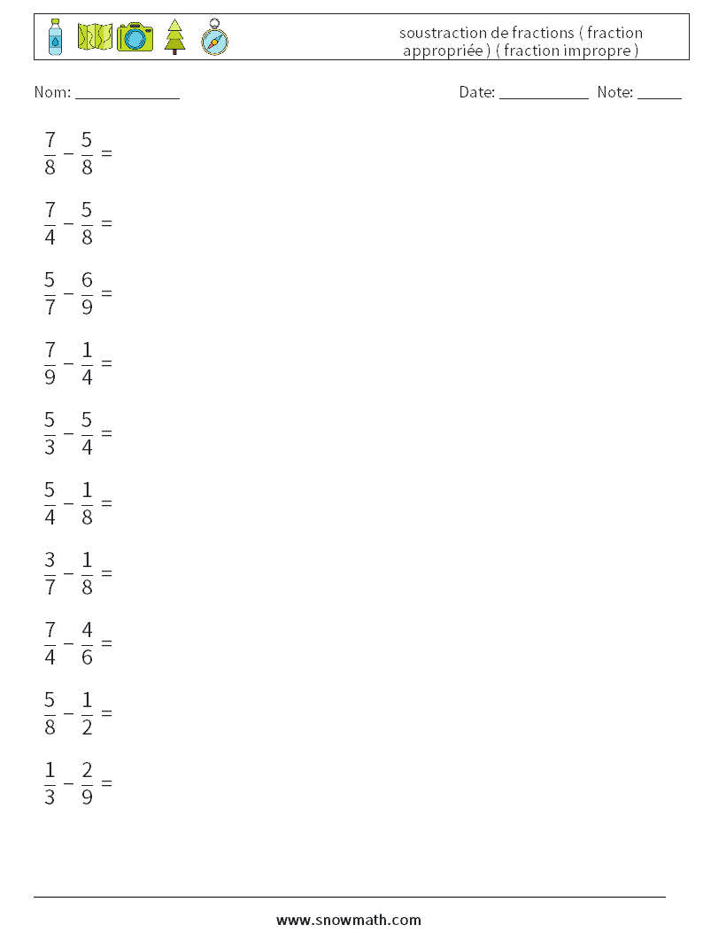 (10) soustraction de fractions ( fraction appropriée ) ( fraction impropre ) Fiches d'Exercices de Mathématiques 11