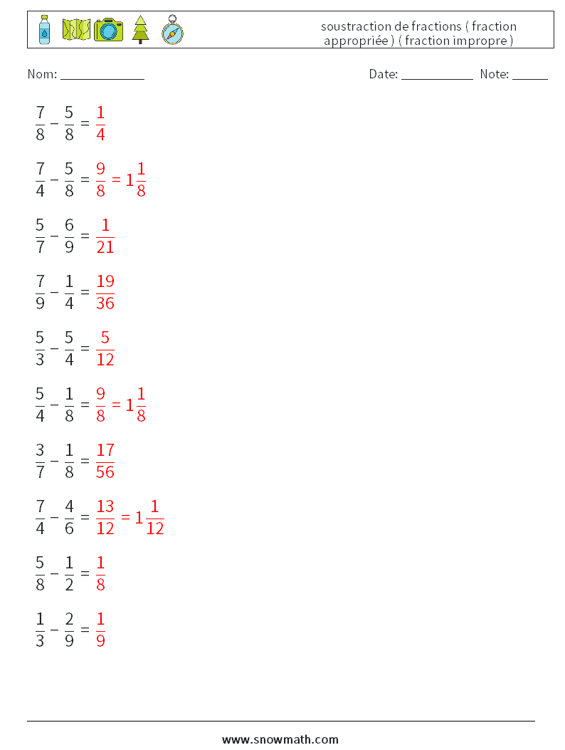 (10) soustraction de fractions ( fraction appropriée ) ( fraction impropre ) Fiches d'Exercices de Mathématiques 11 Question, Réponse