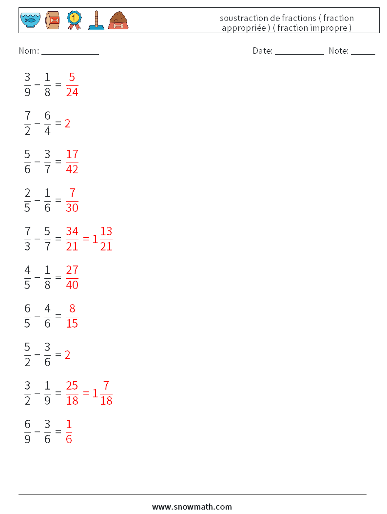 (10) soustraction de fractions ( fraction appropriée ) ( fraction impropre ) Fiches d'Exercices de Mathématiques 12 Question, Réponse