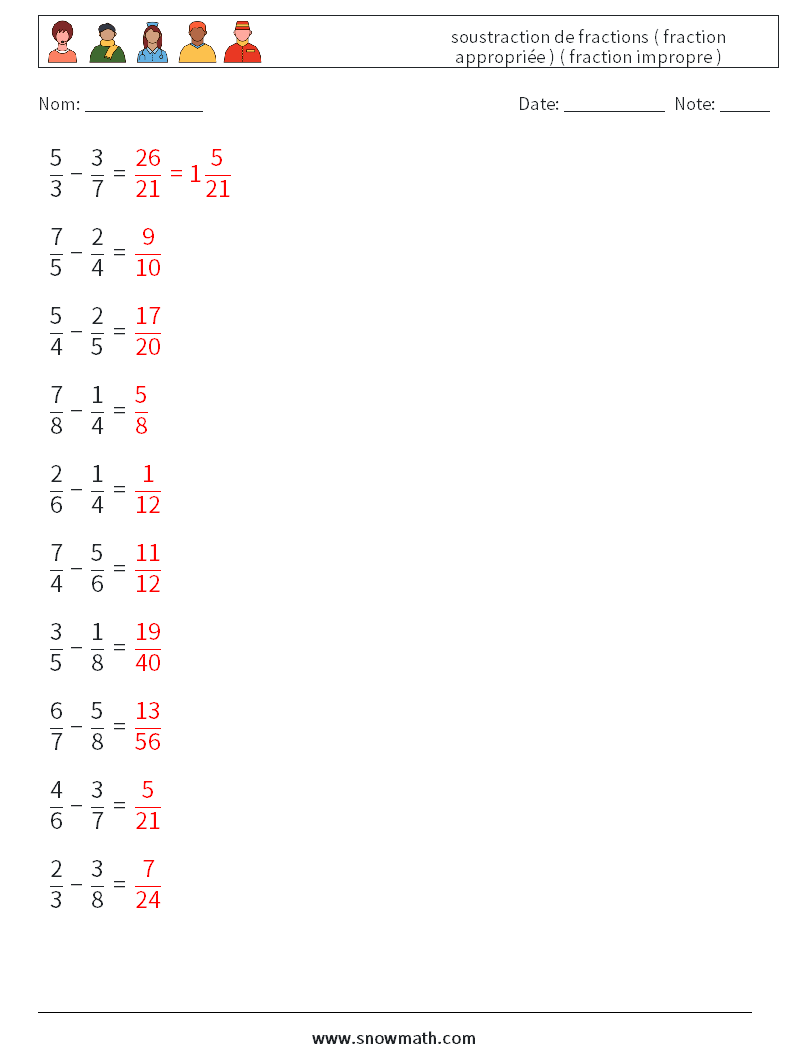 (10) soustraction de fractions ( fraction appropriée ) ( fraction impropre ) Fiches d'Exercices de Mathématiques 13 Question, Réponse