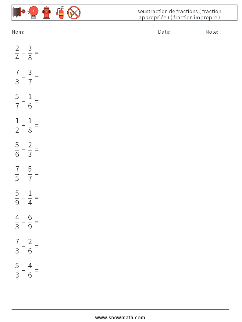 (10) soustraction de fractions ( fraction appropriée ) ( fraction impropre ) Fiches d'Exercices de Mathématiques 14