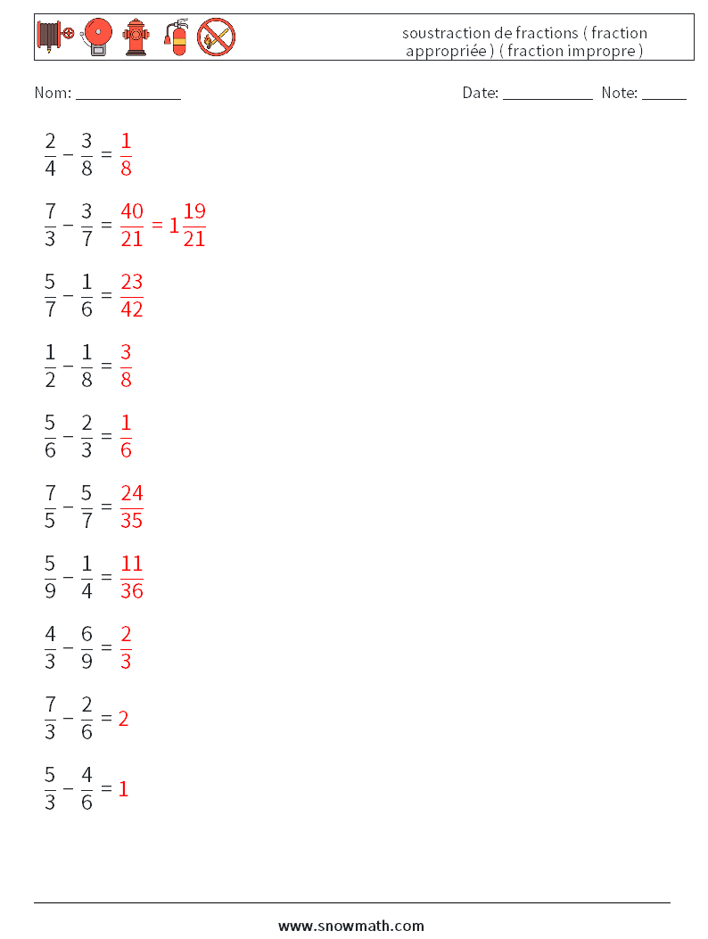 (10) soustraction de fractions ( fraction appropriée ) ( fraction impropre ) Fiches d'Exercices de Mathématiques 14 Question, Réponse