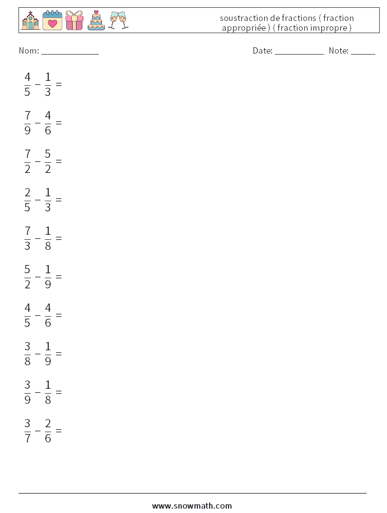 (10) soustraction de fractions ( fraction appropriée ) ( fraction impropre ) Fiches d'Exercices de Mathématiques 15