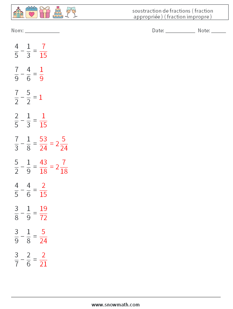 (10) soustraction de fractions ( fraction appropriée ) ( fraction impropre ) Fiches d'Exercices de Mathématiques 15 Question, Réponse