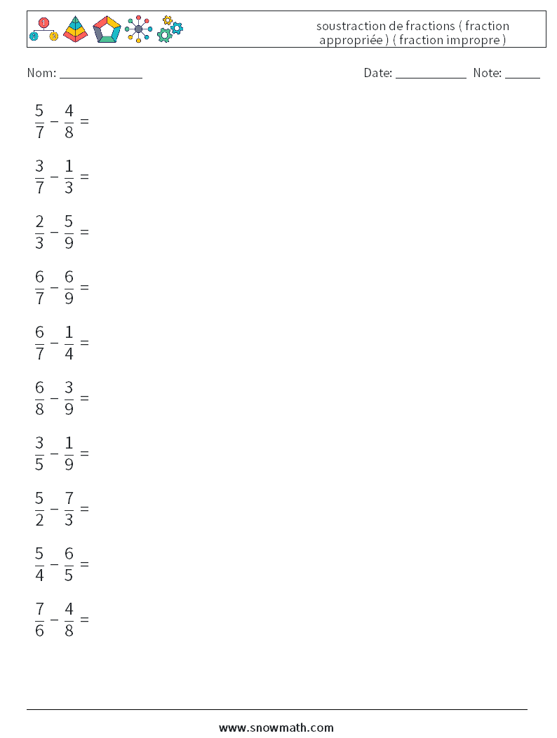 (10) soustraction de fractions ( fraction appropriée ) ( fraction impropre ) Fiches d'Exercices de Mathématiques 16