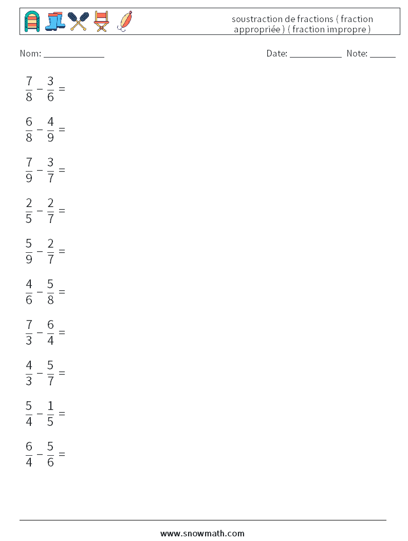 (10) soustraction de fractions ( fraction appropriée ) ( fraction impropre ) Fiches d'Exercices de Mathématiques 17