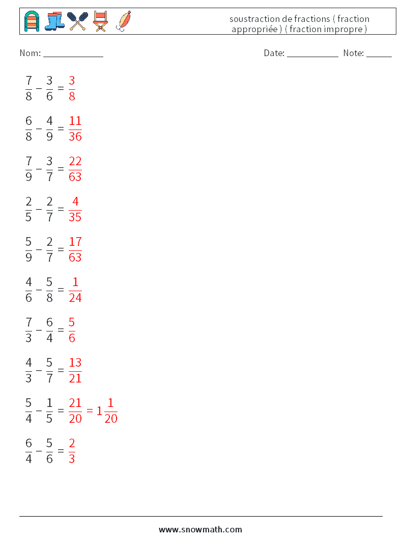 (10) soustraction de fractions ( fraction appropriée ) ( fraction impropre ) Fiches d'Exercices de Mathématiques 17 Question, Réponse