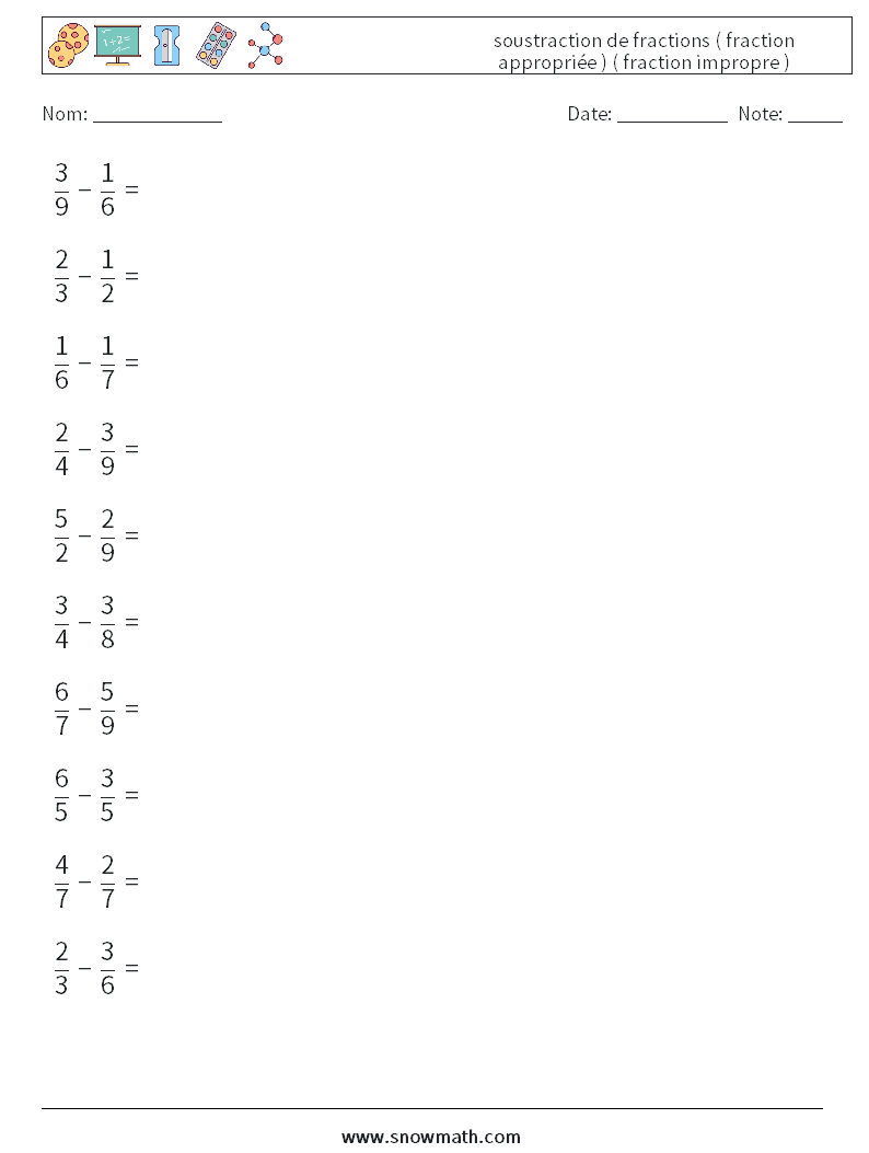 (10) soustraction de fractions ( fraction appropriée ) ( fraction impropre ) Fiches d'Exercices de Mathématiques 18