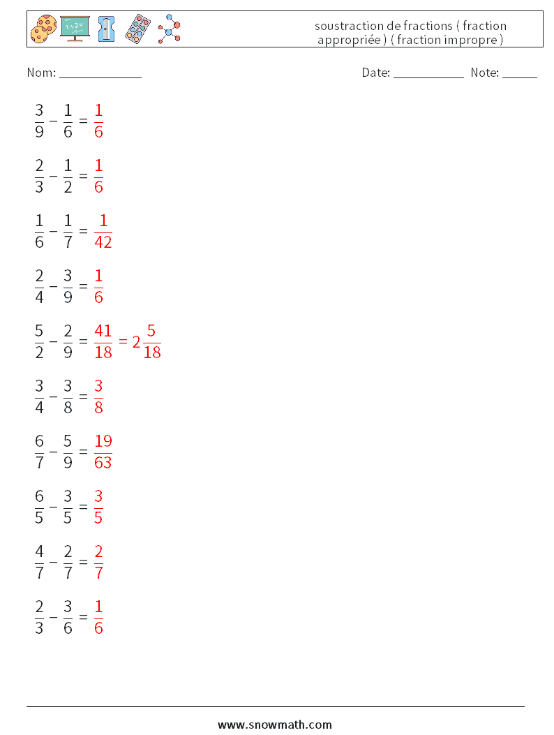 (10) soustraction de fractions ( fraction appropriée ) ( fraction impropre ) Fiches d'Exercices de Mathématiques 18 Question, Réponse