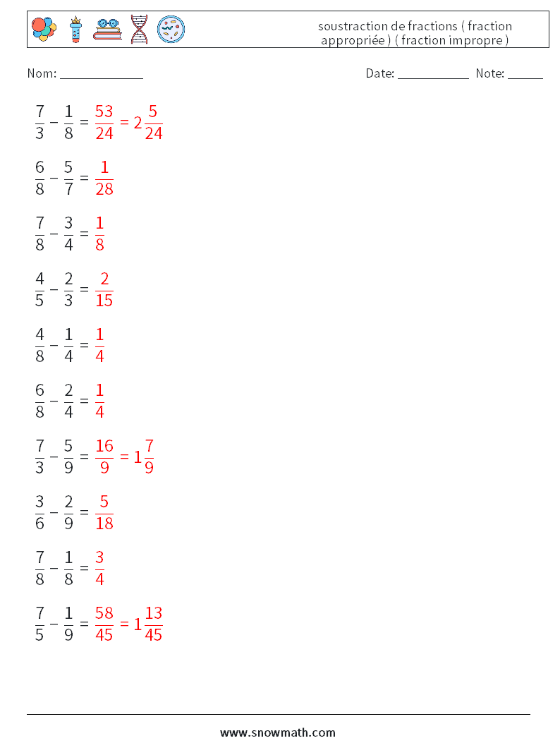 (10) soustraction de fractions ( fraction appropriée ) ( fraction impropre ) Fiches d'Exercices de Mathématiques 1 Question, Réponse