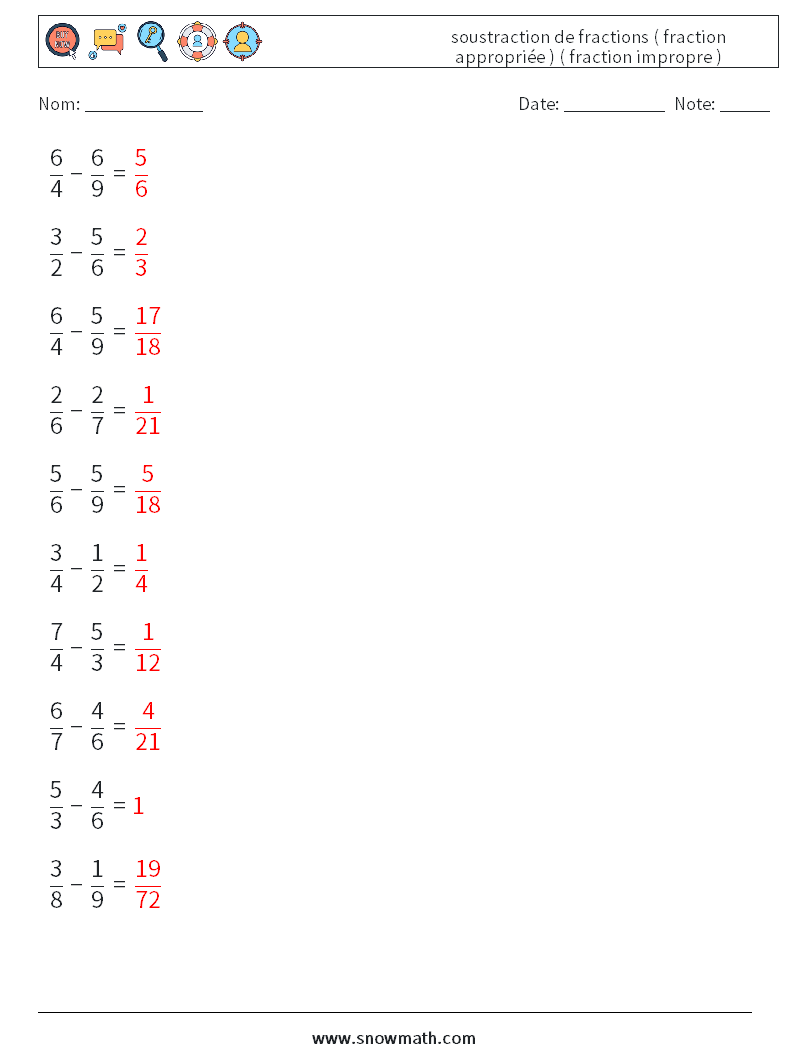 (10) soustraction de fractions ( fraction appropriée ) ( fraction impropre ) Fiches d'Exercices de Mathématiques 2 Question, Réponse