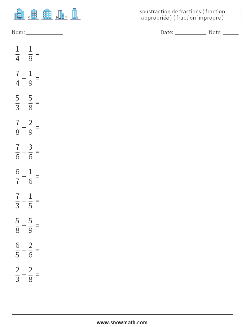 (10) soustraction de fractions ( fraction appropriée ) ( fraction impropre ) Fiches d'Exercices de Mathématiques 3