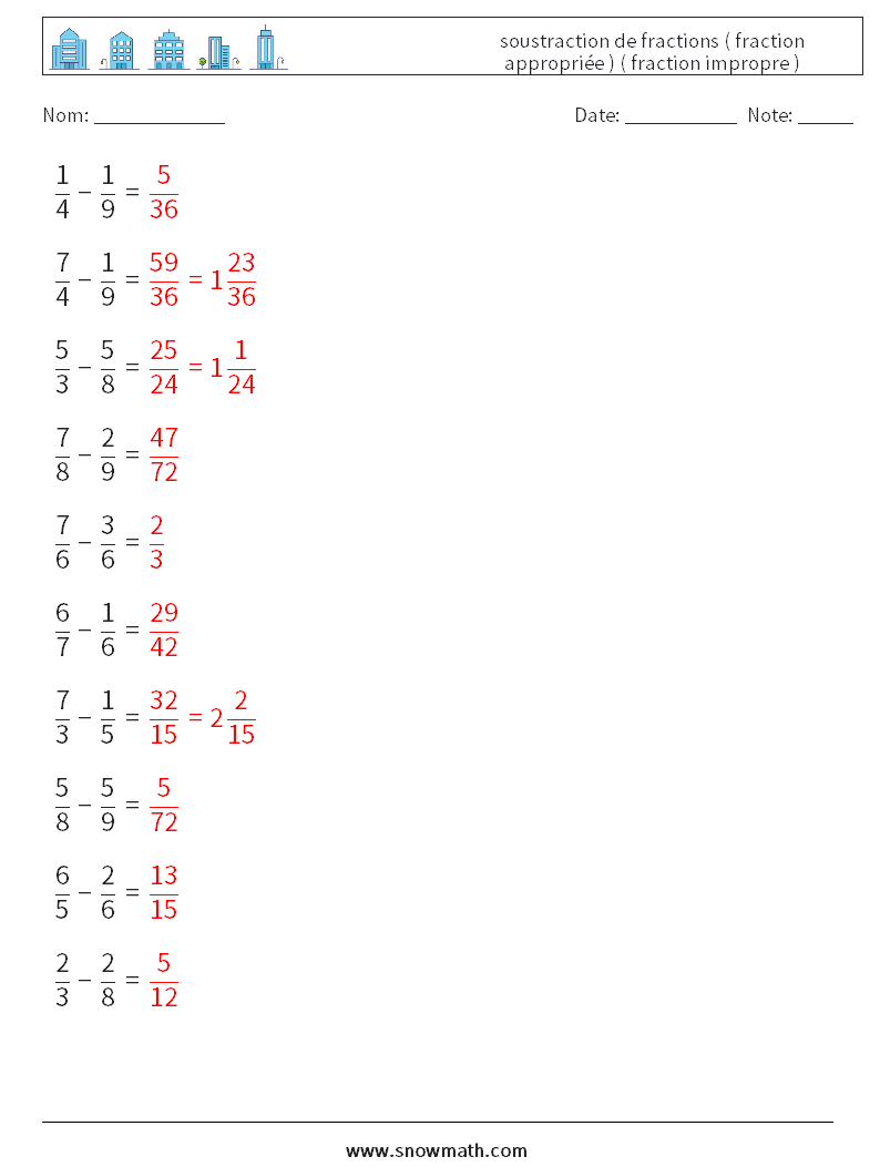 (10) soustraction de fractions ( fraction appropriée ) ( fraction impropre ) Fiches d'Exercices de Mathématiques 3 Question, Réponse