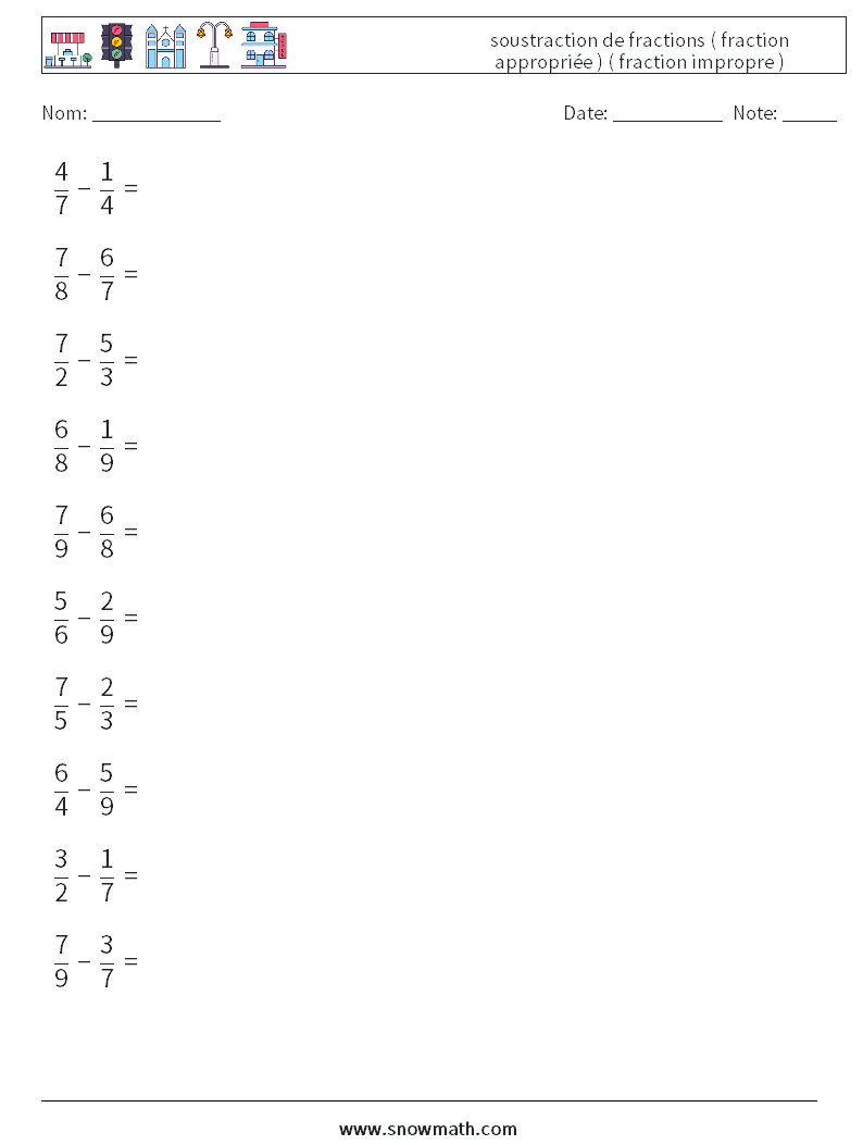 (10) soustraction de fractions ( fraction appropriée ) ( fraction impropre ) Fiches d'Exercices de Mathématiques 4