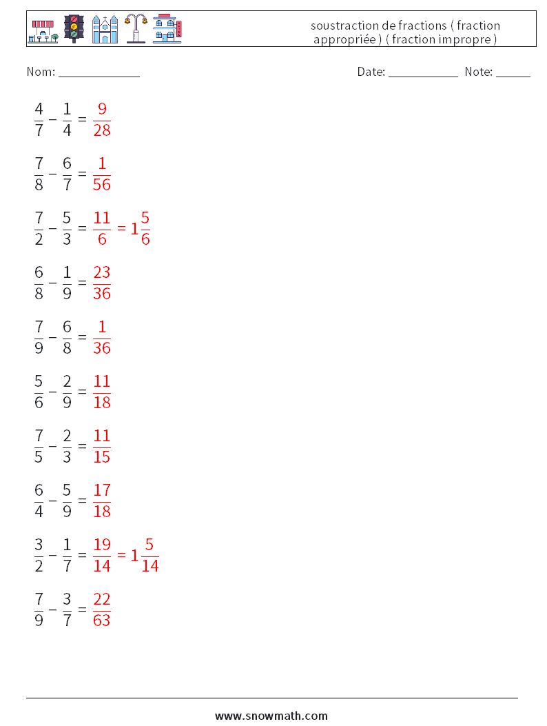 (10) soustraction de fractions ( fraction appropriée ) ( fraction impropre ) Fiches d'Exercices de Mathématiques 4 Question, Réponse