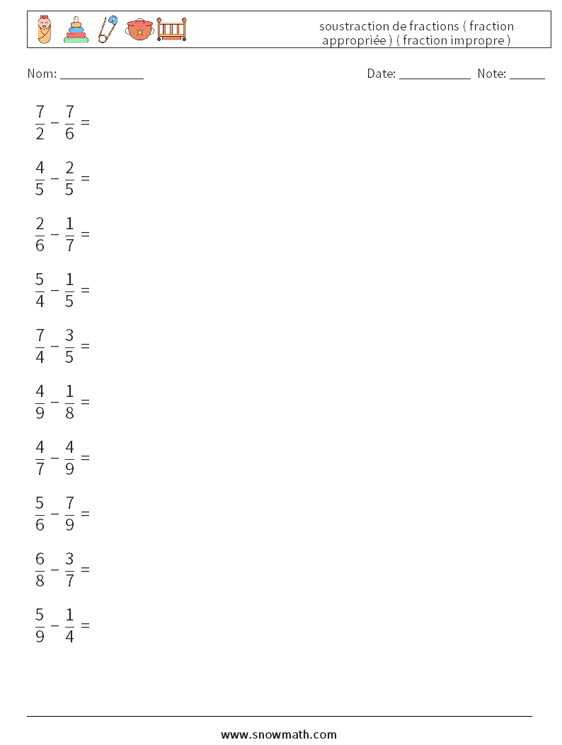(10) soustraction de fractions ( fraction appropriée ) ( fraction impropre ) Fiches d'Exercices de Mathématiques 5