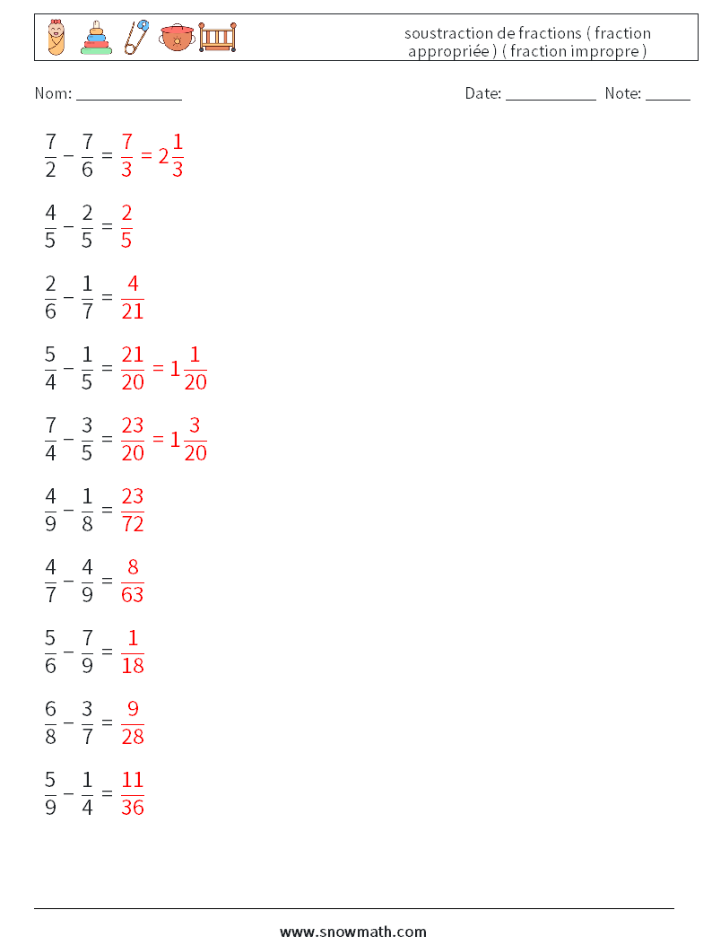 (10) soustraction de fractions ( fraction appropriée ) ( fraction impropre ) Fiches d'Exercices de Mathématiques 5 Question, Réponse