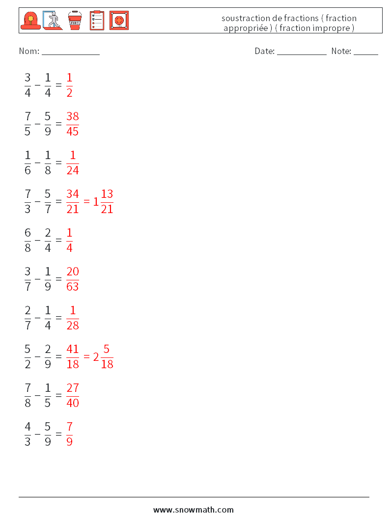 (10) soustraction de fractions ( fraction appropriée ) ( fraction impropre ) Fiches d'Exercices de Mathématiques 6 Question, Réponse