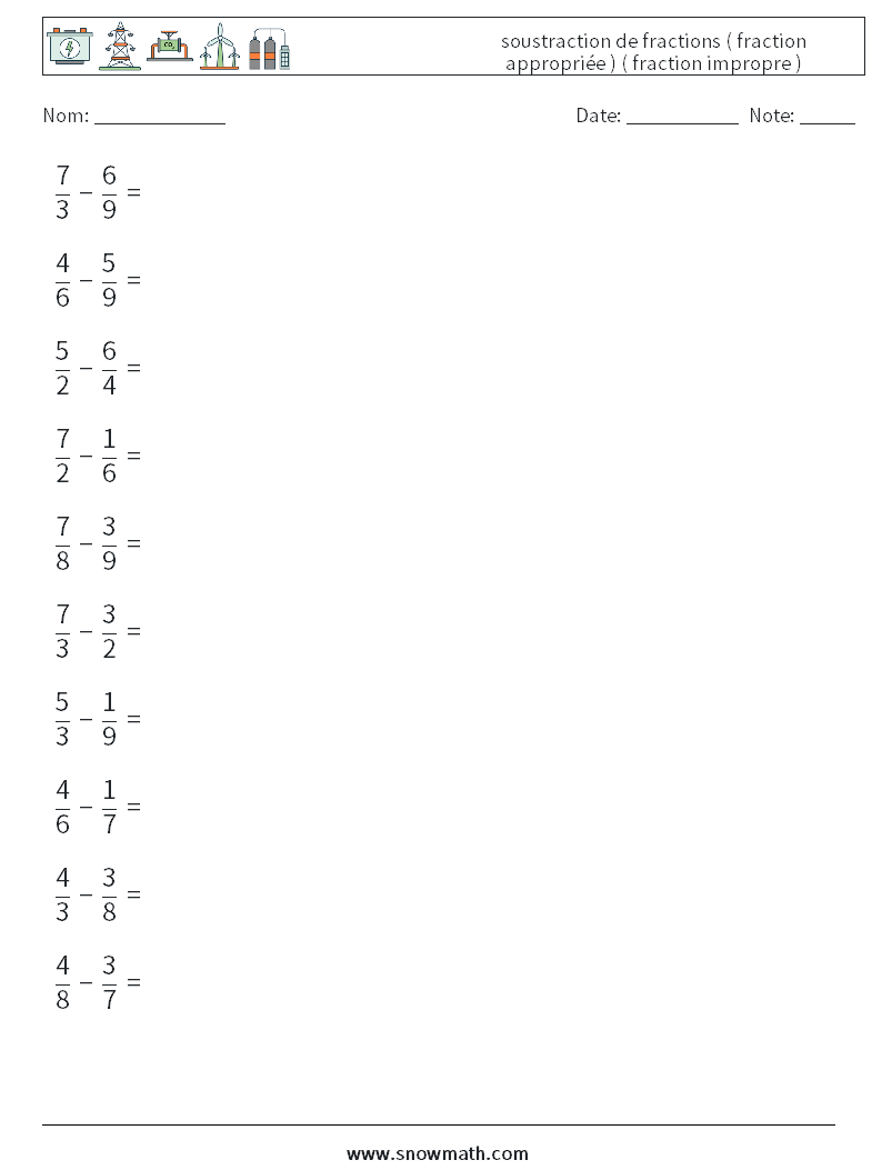 (10) soustraction de fractions ( fraction appropriée ) ( fraction impropre ) Fiches d'Exercices de Mathématiques 7