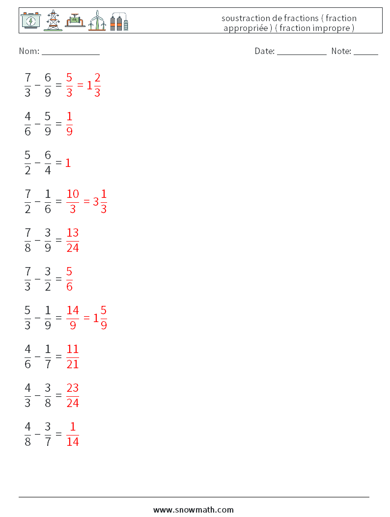(10) soustraction de fractions ( fraction appropriée ) ( fraction impropre ) Fiches d'Exercices de Mathématiques 7 Question, Réponse