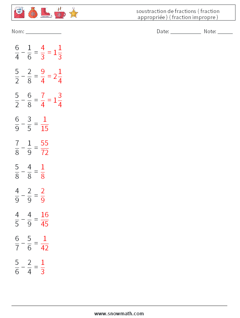 (10) soustraction de fractions ( fraction appropriée ) ( fraction impropre ) Fiches d'Exercices de Mathématiques 8 Question, Réponse