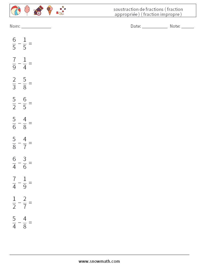 (10) soustraction de fractions ( fraction appropriée ) ( fraction impropre ) Fiches d'Exercices de Mathématiques 9