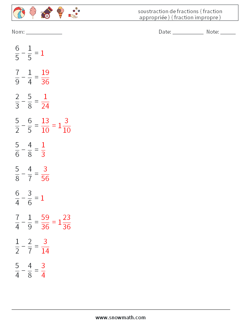(10) soustraction de fractions ( fraction appropriée ) ( fraction impropre ) Fiches d'Exercices de Mathématiques 9 Question, Réponse