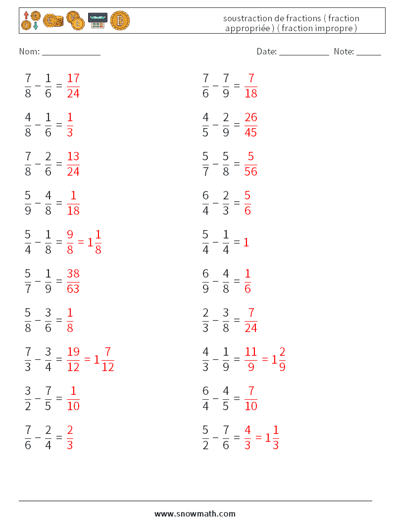 (20) soustraction de fractions ( fraction appropriée ) ( fraction impropre ) Fiches d'Exercices de Mathématiques 15 Question, Réponse