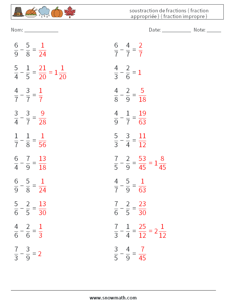 (20) soustraction de fractions ( fraction appropriée ) ( fraction impropre ) Fiches d'Exercices de Mathématiques 18 Question, Réponse