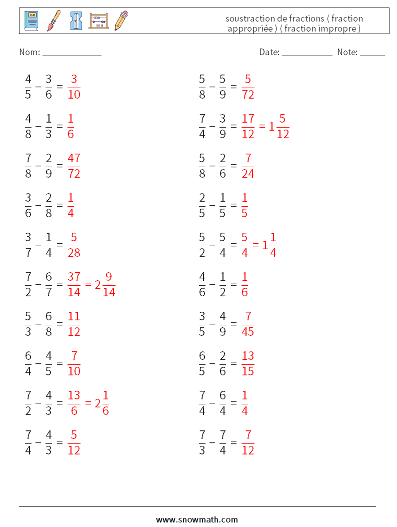 (20) soustraction de fractions ( fraction appropriée ) ( fraction impropre ) Fiches d'Exercices de Mathématiques 1 Question, Réponse