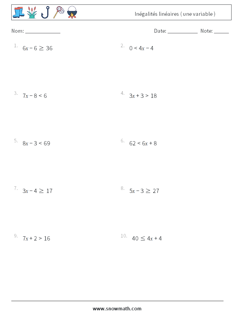 Inégalités linéaires ( une variable ) Fiches d'Exercices de Mathématiques 2