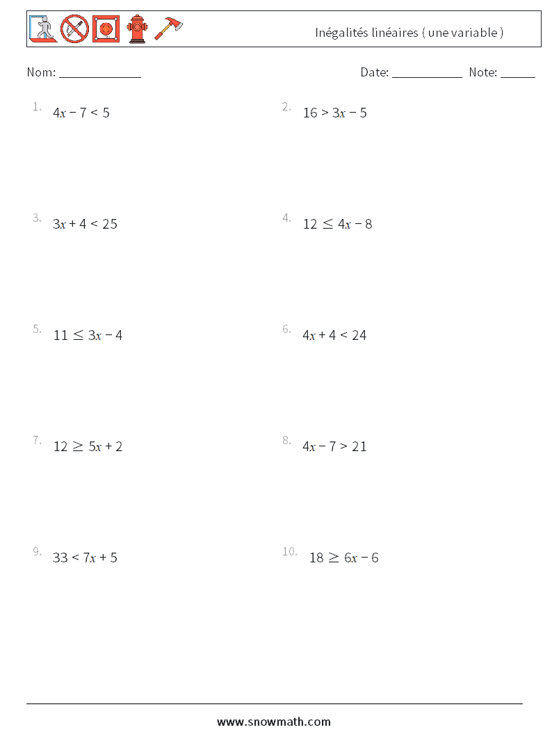 Inégalités linéaires ( une variable ) Fiches d'Exercices de Mathématiques 3