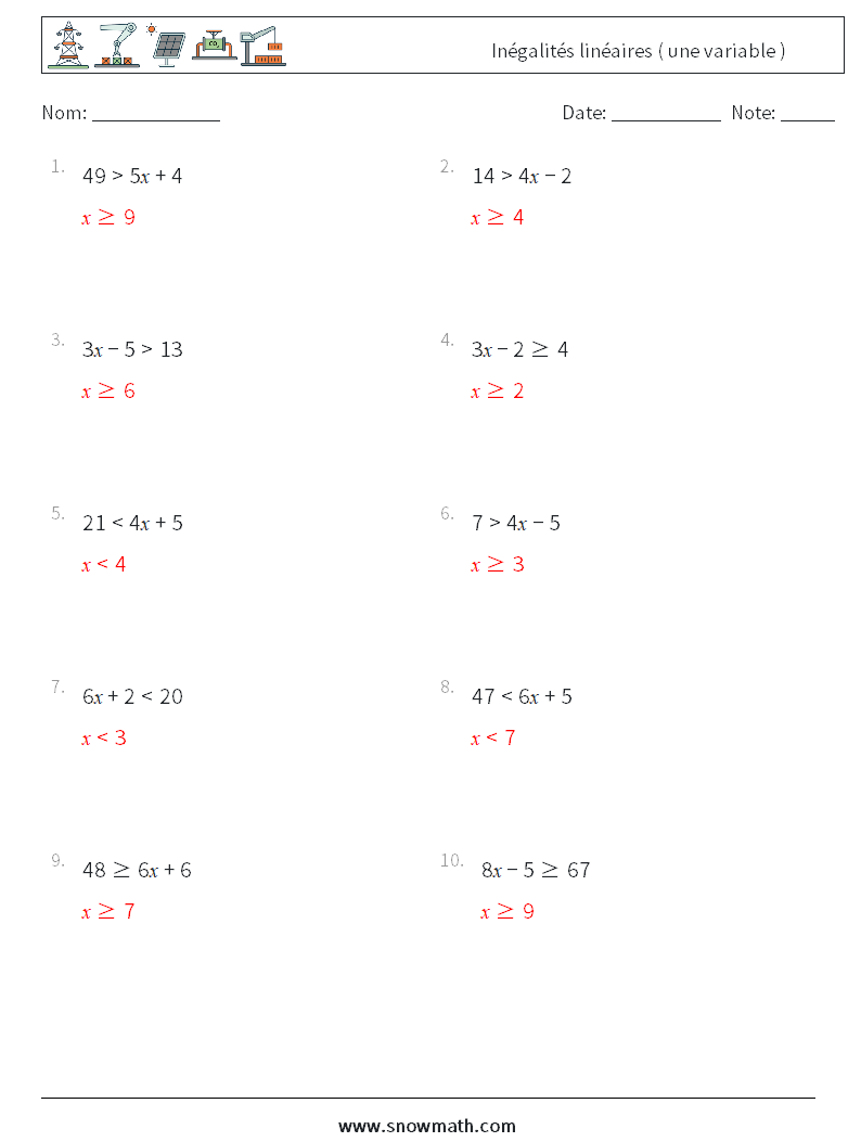 Inégalités linéaires ( une variable ) Fiches d'Exercices de Mathématiques 4 Question, Réponse