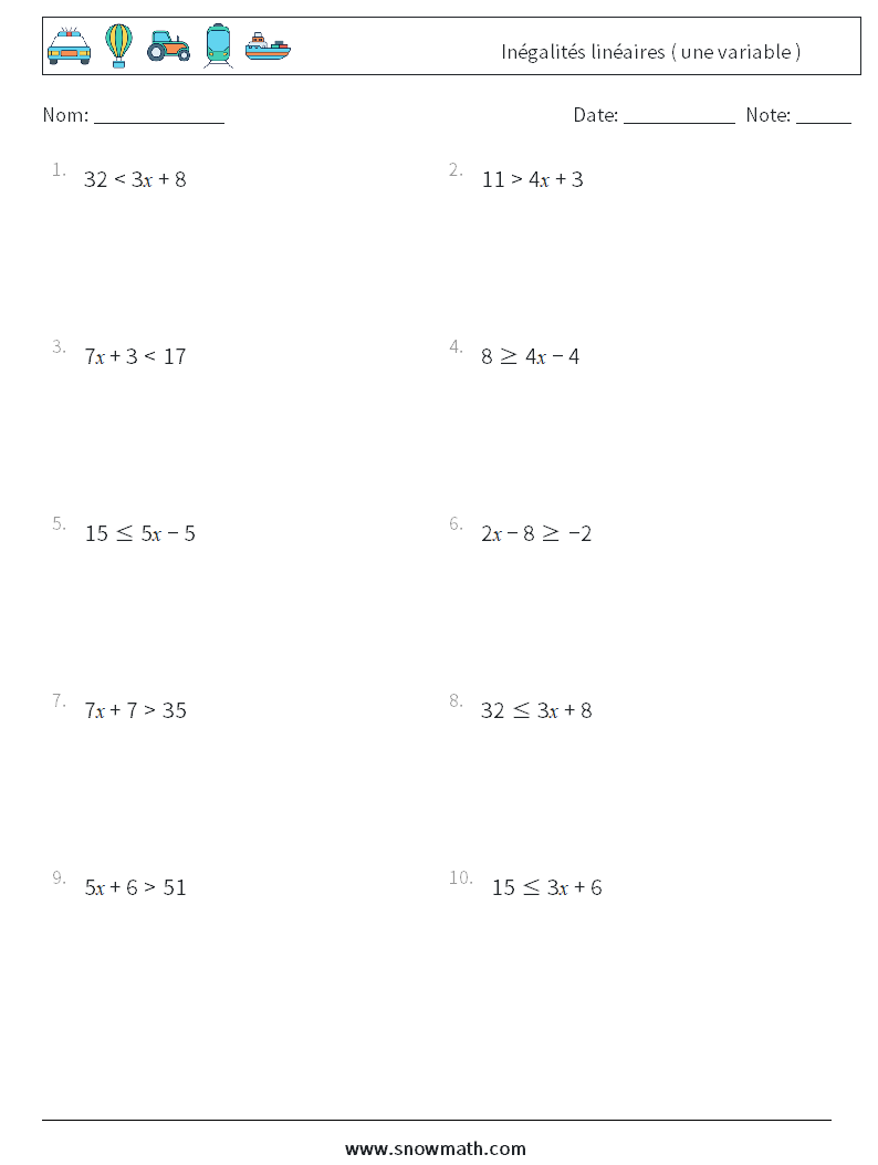 Inégalités linéaires ( une variable ) Fiches d'Exercices de Mathématiques 6