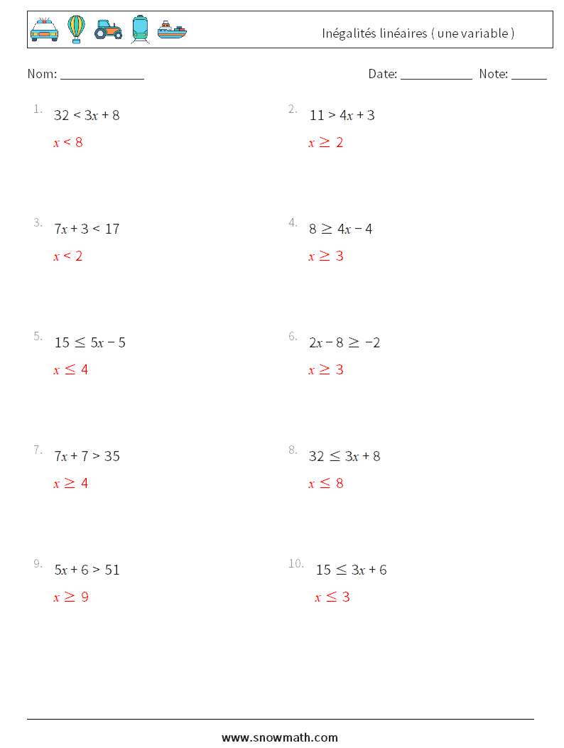 Inégalités linéaires ( une variable ) Fiches d'Exercices de Mathématiques 6 Question, Réponse