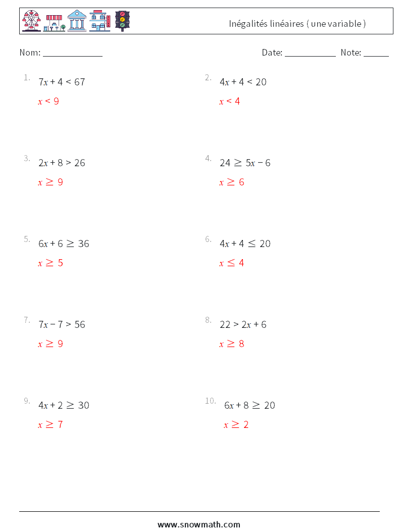 Inégalités linéaires ( une variable ) Fiches d'Exercices de Mathématiques 7 Question, Réponse