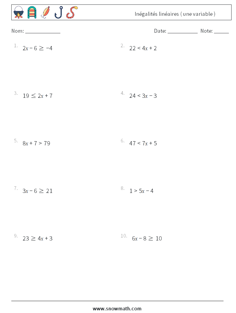 Inégalités linéaires ( une variable ) Fiches d'Exercices de Mathématiques 8