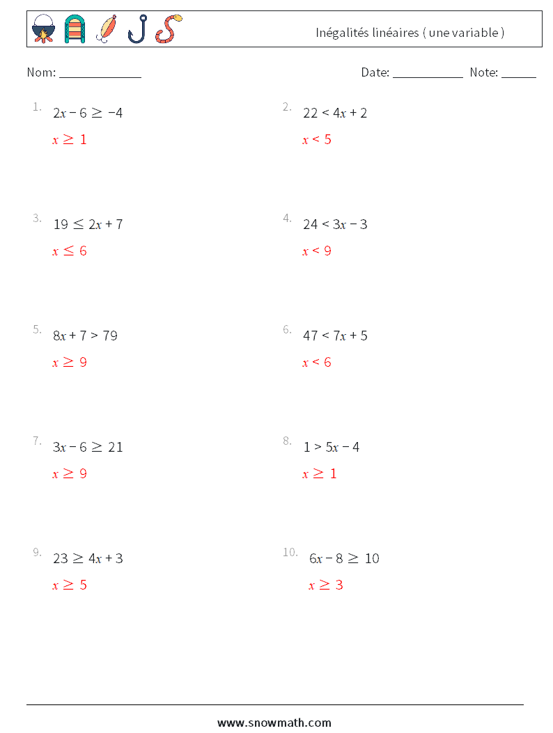 Inégalités linéaires ( une variable ) Fiches d'Exercices de Mathématiques 8 Question, Réponse