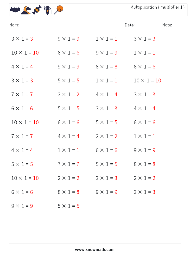 (50) Multiplication ( multiplier 1 ) Fiches d'Exercices de Mathématiques 2 Question, Réponse